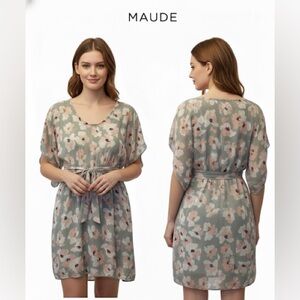MAUDE Floral Kimono Sleeve Mini Dress Sage Green Pink Smocked Waist‎ Boho Chic